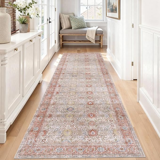 Kuden 2'6"x7' Runner Rug, Machine Washable Area Rug with Non-Slip Backing, Vintage Style, Soft, Easy Clean, Low Pile Rug for Hallway, Entryway, Kitchen, Bedroom