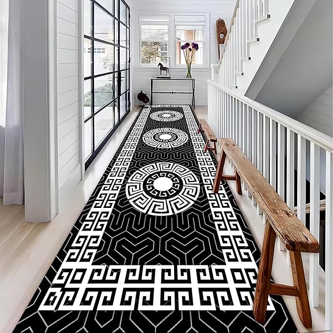 Modern Black White Geometric Kitchen Rug, 2x8ft, Greek Key Meander Design Entrance Rugs, Easy Clean Low Pile Washable Carpet, Soft Foldable No Crease Carpets for Porch Family