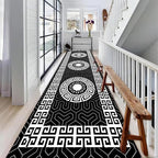 Modern Black White Geometric Kitchen Rug, 4x10ft, Greek Key Meander Design Entrance Rugs, Easy Clean Low Pile Washable Carpet, Soft Foldable No Crease Carpets for Porch Family