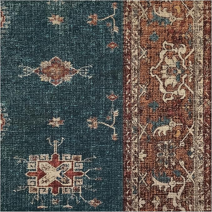 RUGGABLE Washable Vintage Area Rug – Verena Teal Blue 6 ft Round, Stain-Resistant, Non-Slip – Medium Machine Washable Rugs for Living Room, Bedroom, Hallway, Entryway & Office–with Cushioned Pad