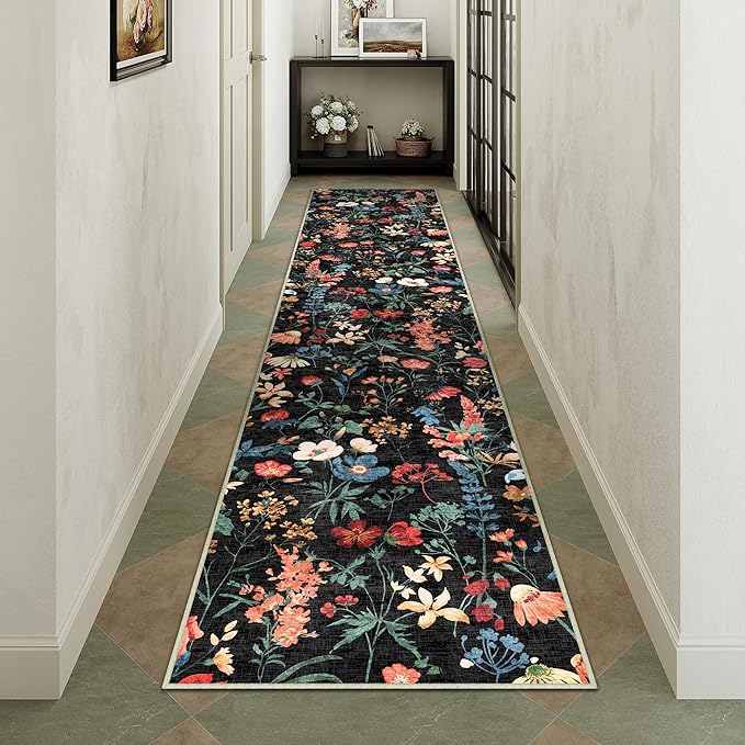 Floral Runner Rug 2x10 Washable Hallway Long Black Bedroom Carpet Non Slip Indoor Boho Kitchen Low Pile Accent Rug Lightweight Soft for Bathroom Dining Laundry Living Room