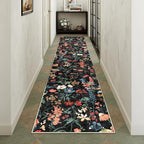 Floral Runner Rug 3x10 Washable Hallway Long Black Bedroom Carpet Non Slip Indoor Boho Kitchen Low Pile Accent Rug Lightweight Soft for Bathroom Dining Laundry Living Room