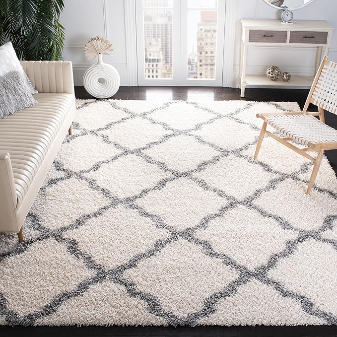 SAFAVIEH Dallas Shag Collection X-Large Area Rug - 11' x 15', Ivory & Grey, Trellis Design, Non-Shedding & Easy Care, 1.5-inch Thick Ideal for High Traffic Areas in Living Room, Bedroom (SGD257F)