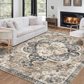 ReaLife Rugs Machine Washable Area Rug Runner - Living Room Bedroom Bathroom Kitchen Entryway Office - Padded Low Pile Stain Resistant Premium - Boho Farmhouse Vintage - Joy - Brown Beige 3' x 5'