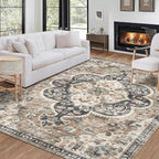 ReaLife Rugs Machine Washable Area Rug - Living Room Bedroom Bathroom Kitchen Entryway Office - Padded Low Pile Stain Resistant Premium - Boho Farmhouse Vintage - Joy - Brown Beige 4' x 6'