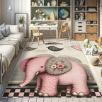 Ambesonne Elephant Decorative Rug, Modern Birds with Plaid Detail and Clouds Floral Ornate Olifant Print, Quality Carpet for Bedroom Dorm and Living Room, 2' x 5', Pastel Pink Grey Yellow