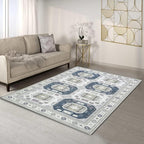 Fame Living Faded Oushak Rug, Turkish Vintage Floral Pastel Large Oversized Area Rugs for Living Room Dining Bedroom Kitchen Bathroom Nursery (848CrNv, 2'5" x 13')