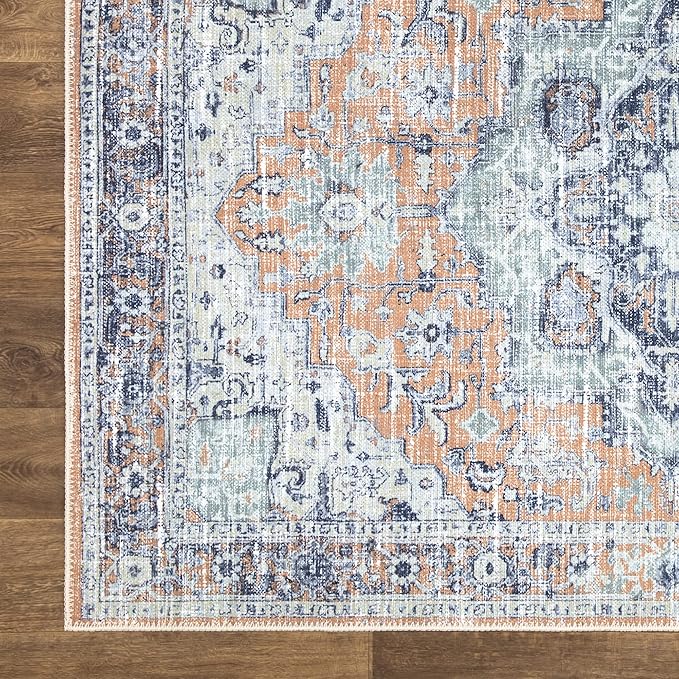Bloom Rugs Washable Non-Slip 3' x 5' Rug - Peach/Blue Traditional Area Rug for Living Room, Bedroom, Dining Room, and Kitchen - Exact Size: 3' x 5'