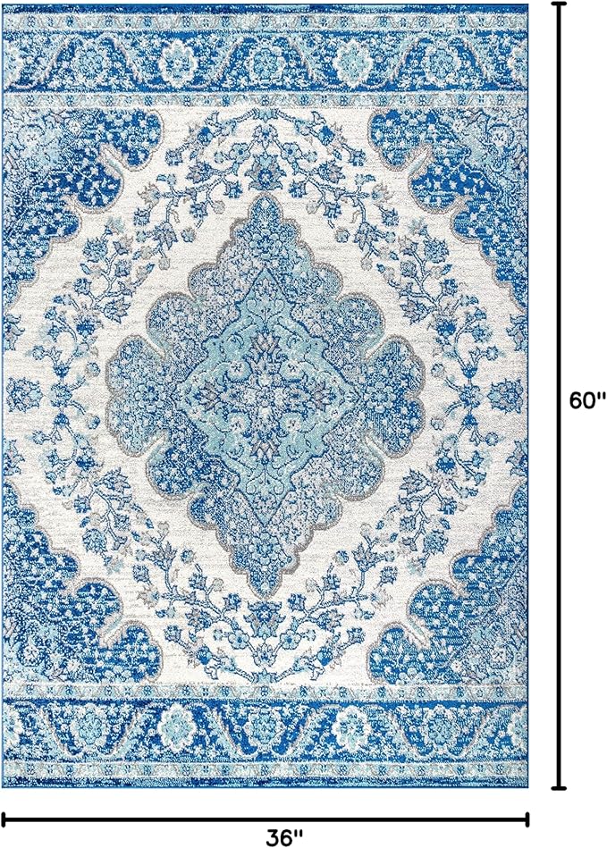 JONATHAN Y Boho Vintage Cream/Blue Indoor Area Rug, 3x5, Bohemian Flair Medallion, Floral Easy-Cleaning High Traffic for Living Room, Bedroom, Kitchen, Pet-Friendly, Non-Shedding (BMF106B-3)
