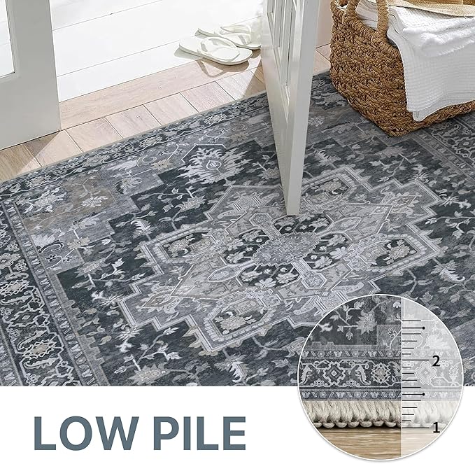 GENIMO 2x7 Runner Rugs for Hallway, Machine Washable Non Slip Vintage Rugs, Low Pile Lightweight Soft Print Rug for enrtyway, Corridor, Home Office, Kitchen,Dark Gray
