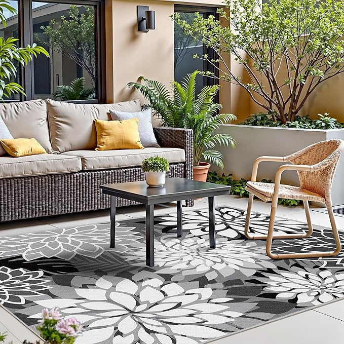 6x9 Outdoor Area Rug Washable Multicolored Patio Rug Tropical Botanical Floral Chenille Waterproof Outdoor Carpet Non-Slip for Patio, Deck, Backyard, Porch, Black
