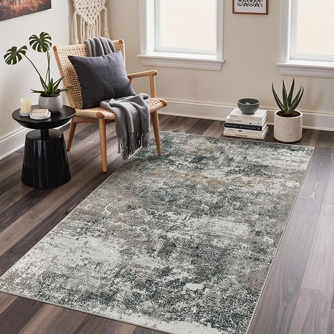 GENIMO 3x5 Rug for Entryway Washable Area Rug, Modern Abstract Small Rugs for Entrance Living Room, Bedroom Beside Rugs, Non-Slip Low Pile Lightweight Soft Carpet, Black Grey