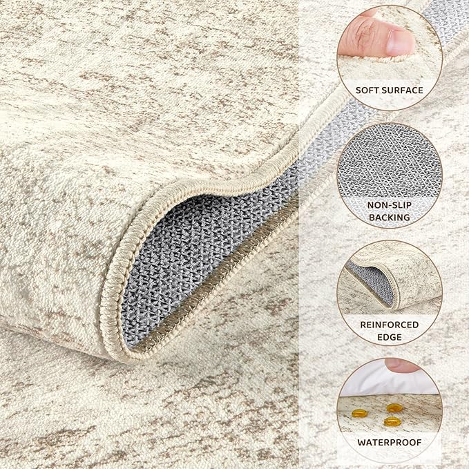 10x14 Area Rug Living Room Rugs - Washable Neutral Modern Abstract Soft Thin Rug Indoor Floor No Slip Rug Carpet for Bedroom Under Dining Table Home Office Decor - Beige/Brown