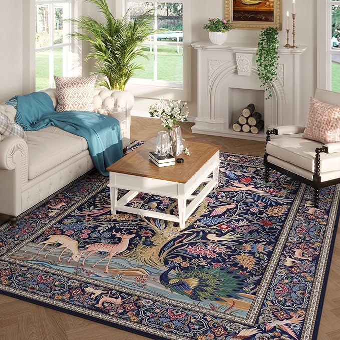 Rugcomf Area Rugs 5x7 Vibrant Tree of Life-Patterned Vintage Washable Area Rug Non Slip Low Pile Large Rugs for Living Room Bedroom Farmhouse Dining Room Kids Playroom, Blue