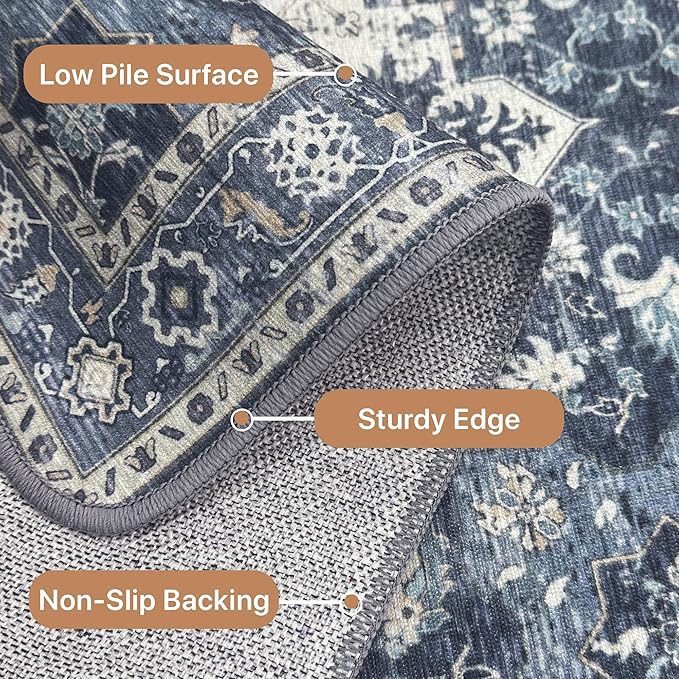 GENIMO 2x5 Runner Rugs for Hallway, Machine Washable Non Slip Vintage Rugs, Low Pile Lightweight Soft Print Rug for enrtyway, Corridor, Home Office, Kitchen, Center Blue
