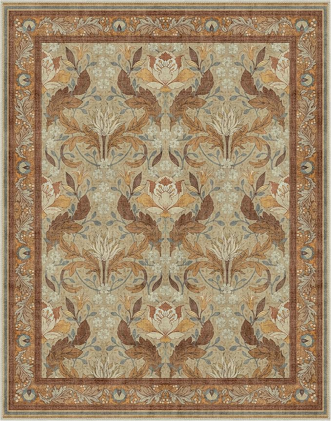 Bavni 8x10 Area Rugs for Living Room, Microfiber Machine Washable Non-Slip Vintage Floral Rug, Low Pile Lightweight Carpet for Bedroom, Dining Room, Home Office, Beige & Terracotta