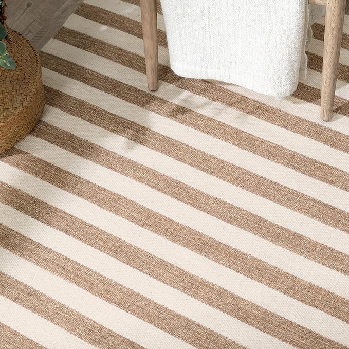 Home Conservatory Ladder Stripe Natural/Ivory Handwoven Wool 5 X 8 Feet, Ivory/Multicolored Stripe Pattern