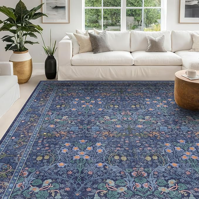 Vintage Dark Blue Living Room Rug, 7x10 Washable Large Area Rugs for Bedroom, Dining Room Rugs Under Kitchen Table, Oriental Navy Blue Low Pile Stain Resistant Non-Slip