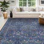 Washable Dining Room Rugs for Under Table - 7x9 Dark Blue Oriental Area Rug for Living Room, Low Pile Non-Slip Floor Carpet for Bedroom Under Bed - Vintage Design & Stain Resistance (7x9 Dark Blue)