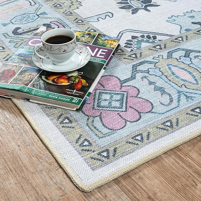 Fame Living Cream Green Oushak Rug, Modern, Vintage, Turkish, Eclectic, Floral, Pastel, Washable, Area Rugs for Living Room, Dining, Bedroom, Office, Entryway, Foyer, Playroom, Nursery, 5'x6'9"