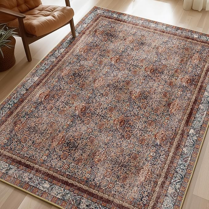 Phantoscope Washable Area Rug 6'x9' Non-Slip, Vintage Neutral Xmas Rugs for Living Room, Bedroom, Dining Room, Distressed Boho Floral Medallion Pattern, Low-Pile Foldable Floor Carpet, Brick Red/Black