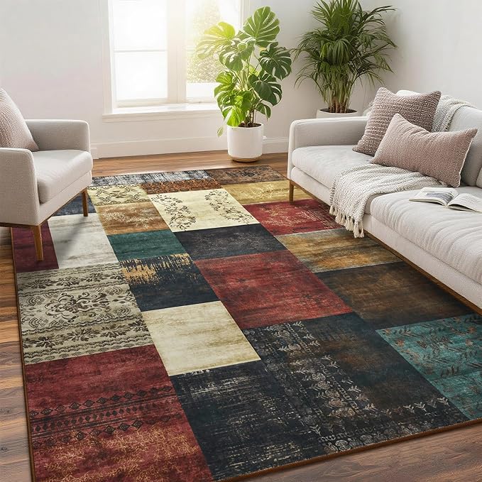 Tepook Modern Area Rug for Living Room, 4x6 Geometric Large Rugs for Bedroom, Washable Patchwork Rug Indoor Non-Slip Throw Carpets for Dining Room Office Farmhouse Home Decor, Multi