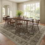 Washable 10x14 Area Rugs for Living Room, Boho Non-Slip Vintage Distress Large Rugs for Bedroom Dining Room Office, 0.3" Neutral Oriental Throw Thin Carpet, Tan/Flaxen/Multi