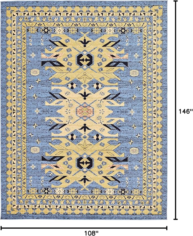 Unique Loom Taftan Collection Border Geometric Tribal Inspired Design Area Rug (9' 0 x 12' 0 Rectangular, Light Blue/ Gold)