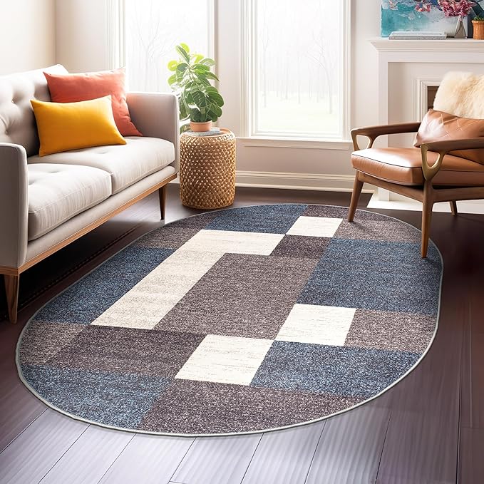 Rugshop Modern Boxes Design Non-Slip (Non-Skid) Carpet Oval Area Rug for Entryway,Kitchen,Living Room 5' x 7' Blue