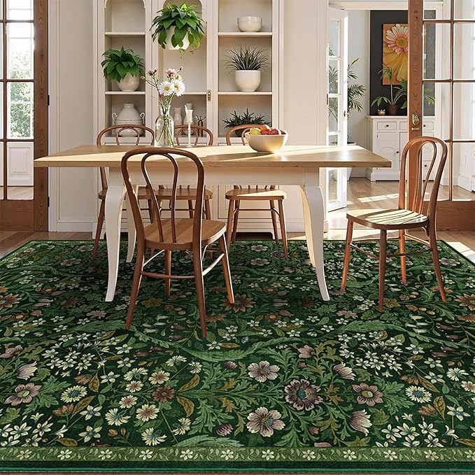 5×7 Dark Green Washable Floral Area Rug,Vintage Boho Soft Low-Pile Living Room Rugs, Stain Resistant Botanical Non-Slip Carpet for Bedroom,Dining Room, Kids Nursery,Home Decor