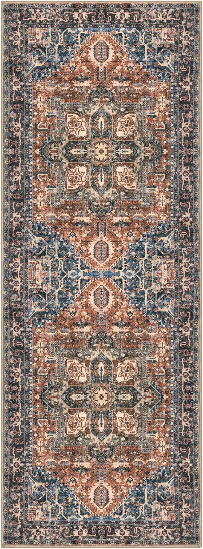 KOZYFLY Runners for Hallways 2x6 Ft Washable Kitchen Runner Rug Boho Runner Rug for Entryway Indoor Printed Oriental Faux Wool Floor Carpet Runner for Bedroom Kitchen Hall, Red/Navy Blue/Brown