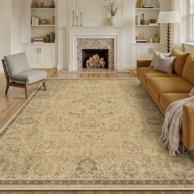 HUGEAR 8x10 Machine Washable Area Rugs Vintage Brown - Neutral Living Room Bedroom Rug Non Slip Stain Resistant Low Pile Aesthetic Throw Carpet Kids & Pet Friendly