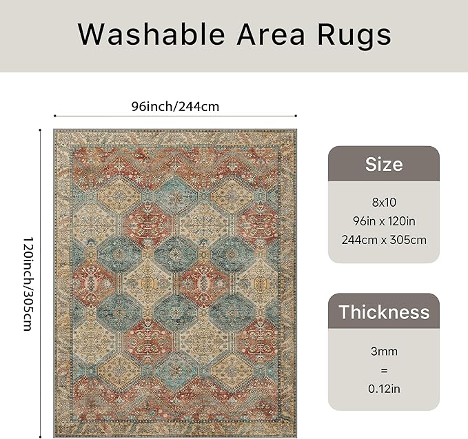 Bavni 8x10 Area Rugs for Living Room, Machine Washable Rug Non Slip, Vintage Chenille Distressed Print Carpet, Large Low Pile Ultra-Thin Lightweight Rugs for Bedroom, Dining Room, Office, Blue/Tan/Red