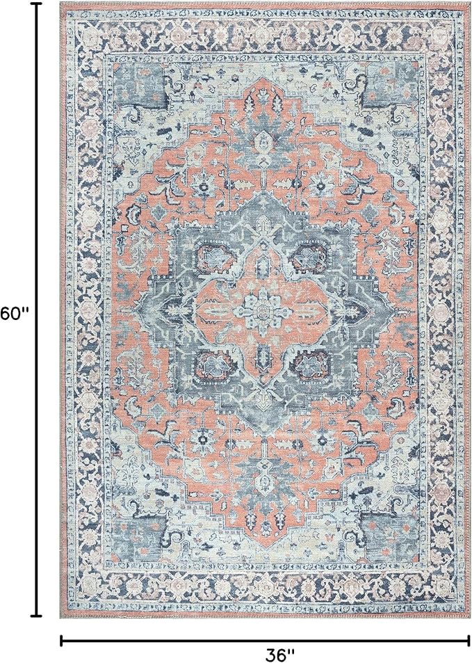 Bloom Rugs Washable Non-Slip 3' x 5' Rug - Coral/Blue Traditional Medallion Area Rug for Living Room, Bedroom, Dining Room, and Kitchen - Exact Size: 3' x 5'