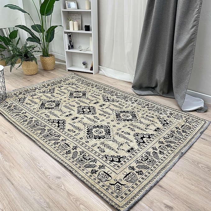 Alfa Rich 4x6 Beige Black Washable Area Rugs for Living Room Bedroom Kitchen Dining Cotton Rug