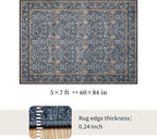Washable Living Room Rug: 5x7 Boho Floral Soft Area Rug for Bedroom Decor - Vintage Low Pile Thin Carpet for Dining Room Non-Slip - Farmhouse Stain Resistant Rugs - Slate Blue