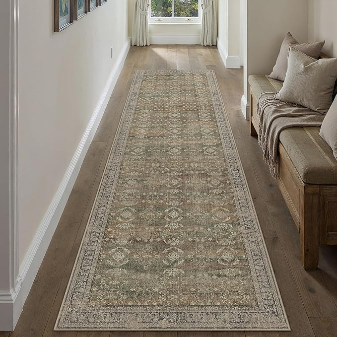 3x8 Brown Area Rug Runners for Hallways Washable Vintage Distressed Carpet Low Pile Non Slip Indoor Retro Soft Long Accent Rug Bedroom Kitchen Bathroom Laundry Dining Living Room