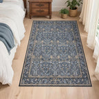 Washable Living Room Rug: 3x5 Boho Floral Soft Area Rug for Bedroom Decor - Vintage Low Pile Thin Carpet for Dining Room Non-Slip - Farmhouse Stain Resistant Rugs - Slate Blue