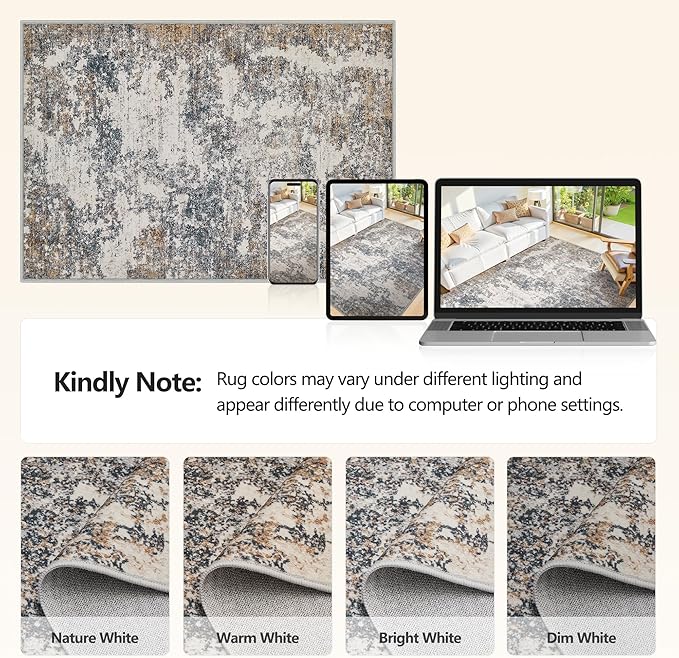 6x9 Washable Area Rugs - Modern Abstract Rugs for Living Room Non-Slip Low Pile Soft Machine Washable Carpet for Bedroom, Dining Room, Nursery, Home Office, Farmhouse (6'x9' Tan Blue)