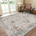 Bavni Washable Rug 4x6 Area Rug for Living Room Bedroom Dining, Washable Vintage Print Carpet, Ultra-Thin Low Pile Lightweight Rug with Non Slip Backing, Light Taupe Brown