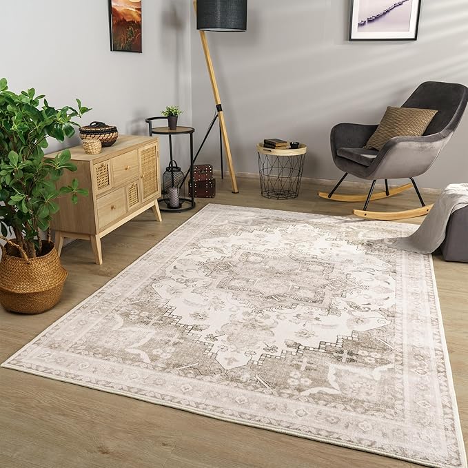 Paco Home Vintage Area Rug with Faded Oriental Pattern in Beige, Size: 5'3" x 7'3"