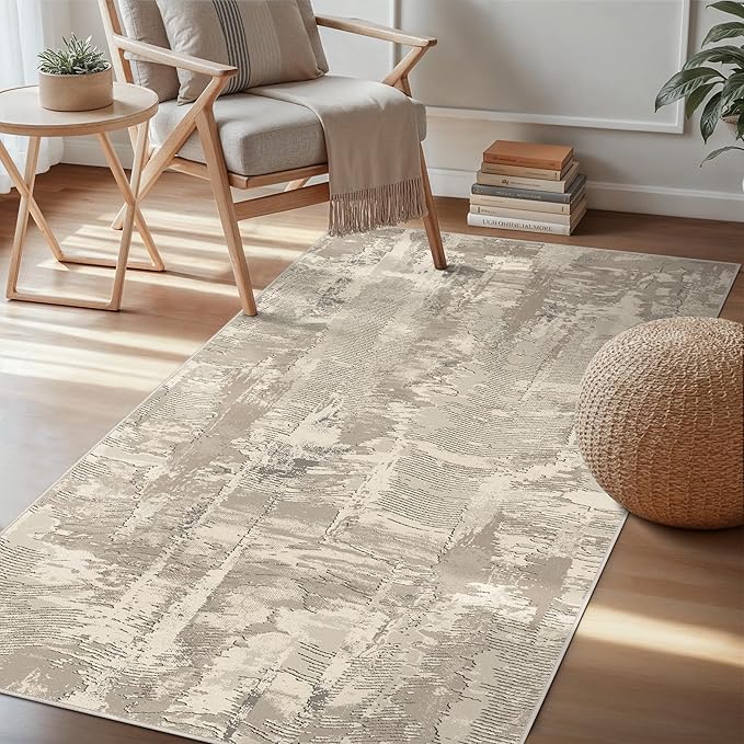 Washable Rug 3x5 Area Rug for Living Room Bedroom, Modern Abstract Throw Rug Indoor Floor Carpets Low Pile No Shed Non-Slip with Rubber Backing Dining Room Kitchen Office (Light Brown, 3'x5')