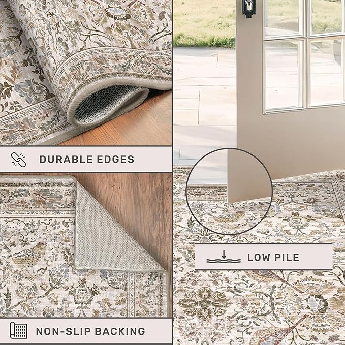 Large Washable Living Room Area Rug, Moss 4x6 Oriental Rug for Bedroom Beside Bed, Kitchen, Mudroom, Entryway, Vintage Home Décor, Non Slip Soft Stain Resistane Carpet with Bird Pattern