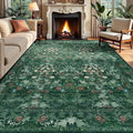Washable Farmhouse Green 9x12 Rug for Living Room - Boho Floral Art Deco Area Rug for Bedroom, Dining Room Under Kitchen Table, Large Distressed Low Pile Non Slip Carpet - Soft Botanical Mat