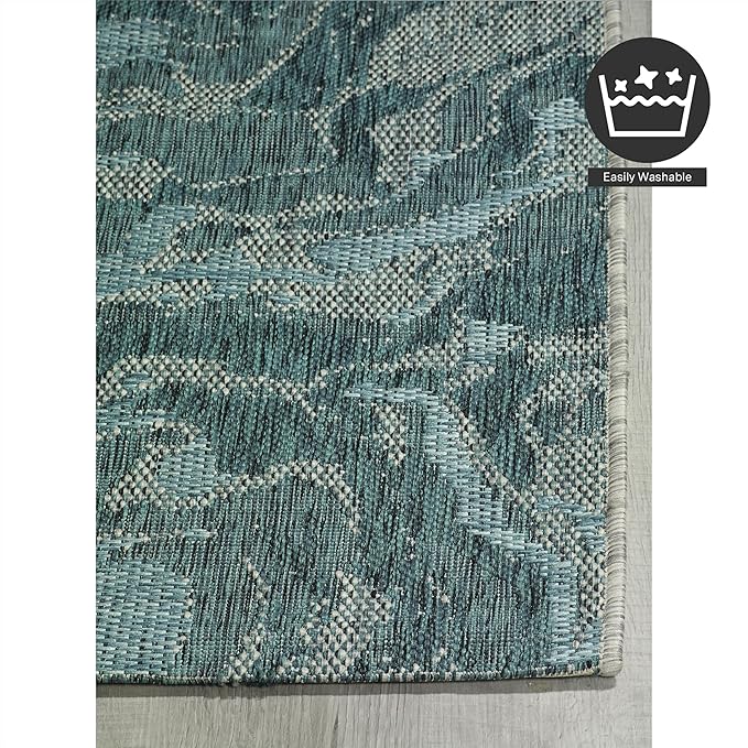 FH Home Outdoor Rug - Waterproof Easy to Clean Stain Resistant - Patio Indoor Outdoor Porch Deck Balcony Entryway - Modern Abstract - Freeport - Blue - 5ft 2in x 7ft 6in