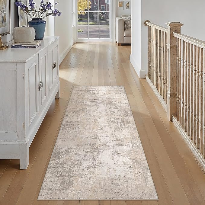2x5 Washable Runner Rug Beige Grey Abstract Hallway Kitchen Throw Rug Neutral Modern Non Slip Soft Low Pile Carpet for Bathroom Laundry Bedroom Living Room