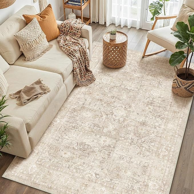 4x6 Beige Washable Area Rug for Living Room Bedroom Neutral Soft Non Slip Rug Low Pile Vintage Distressed Carpet for Dining Room Nursery Office Indoor