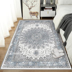 4’x6’ Area Rugs for Living Room Non Slip Washable Low Pile Area Rugs for Bedroom Dining Foldable Vintage Carpets Blue