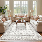 jinchan Floral 6x9 Area Rugs for Living Room - Machine Washable Vintage Distressed Boho Design Throw Rug Stain Resistant Carpet Low-Pile Thin Non-Slip for Bedroom Dining Room Nursery (6‘x9', Beige)