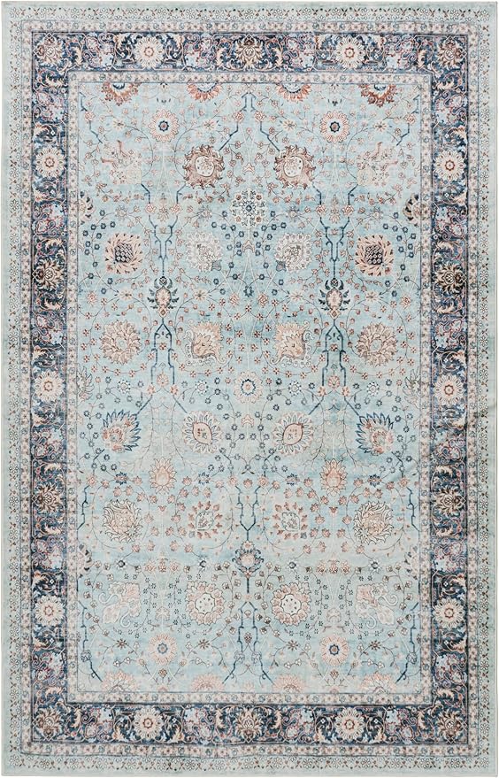 GLN Rugs Traditional Collection - Machine Washable Area Rug, Traditional Washable, Non Slip, Low Pile Chenille Rug, Living Room, Bedroom, Kitchen Rug (8' x 10' Light Blue)